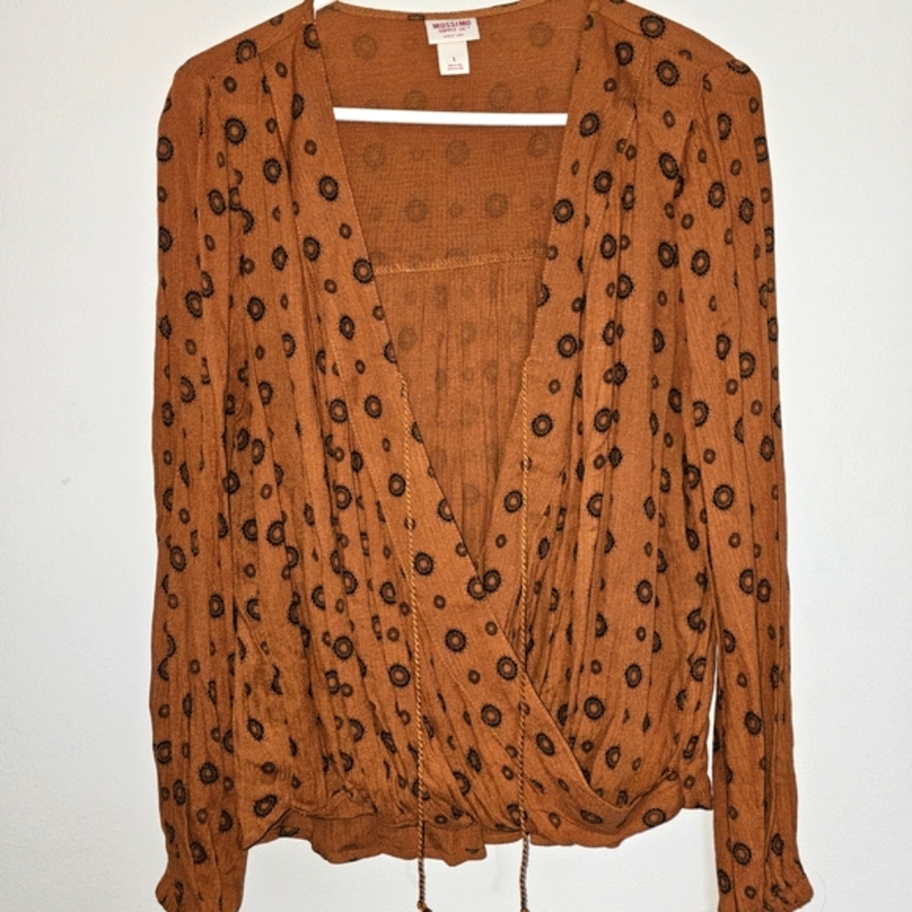 Mossimo Women's Brown Wrap Top Boho Floral L/S Sz L